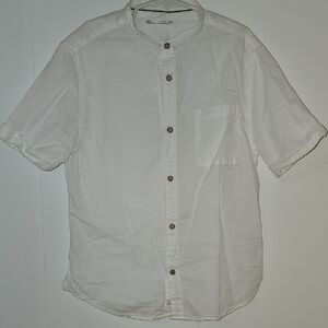Zara Kids White Short Sleeve Button-Up Shirt Mandatin Collar Boys Sz 9